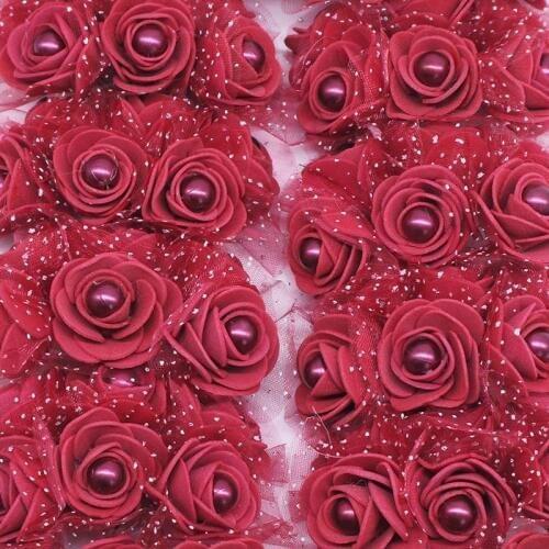 24pcs/lot 3cm Foam Rose With Pearl Beads Artificial Flower Heads Wedding Decoration DIY Bridal Wreath Home Decor Fake Flowers