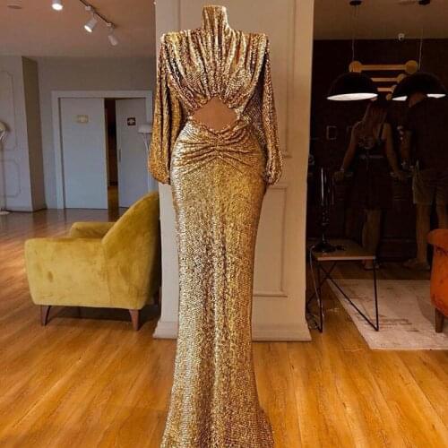 Sparkly Golden New Prom Dresses Long Sleeve High Neck Sequined Formal Evening Dress Party Dresses