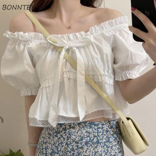 Blouse Womens Summer Lovely New Chic Sexy Slash Neck Korean Style Vintage Fashion Off Shoulder Leisure All-match Bow Soft Simple