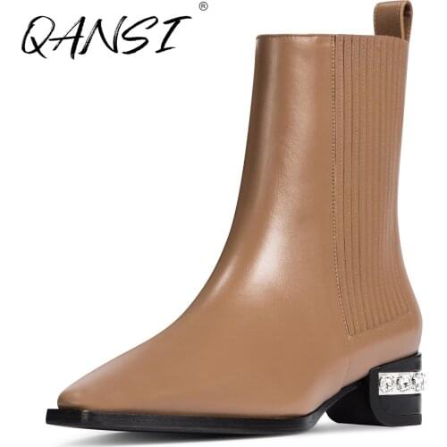 Handmade Brown Leather Point Toe Womens Boots Slip on Low-heeled Boots Girl Square Heel Ankle Original High Quality Boots Woman