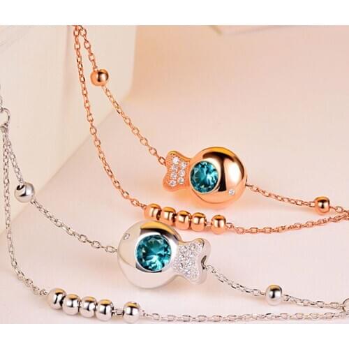 Pure 925 Sterling Silver Double Layer Mermaid Fish Crystal Anklet Bracelet Round Beads Foot Anklets For Women Summer Jewelry