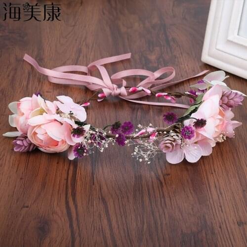 Haimeikang 2021 New Fashion Girls Flower Crown Pine cones Lace Headband Floral Wreath for Women Bride Wedding Hair Accessories