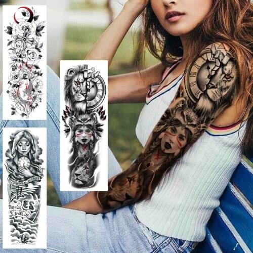 Indian Lion Full Arm Large Tattoo Sticker for Women Men Adult Moon Rose Nun Temporary Tattoos Sleeve Sexy Waterproof Fake Tatoos