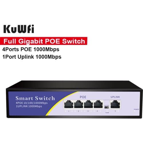 KuWFi Full Gigabit POE Switch 4 Ports Standard RJ45 10/100/1000Mbps Etherent Switch Support 802.3af/at For IP Camera