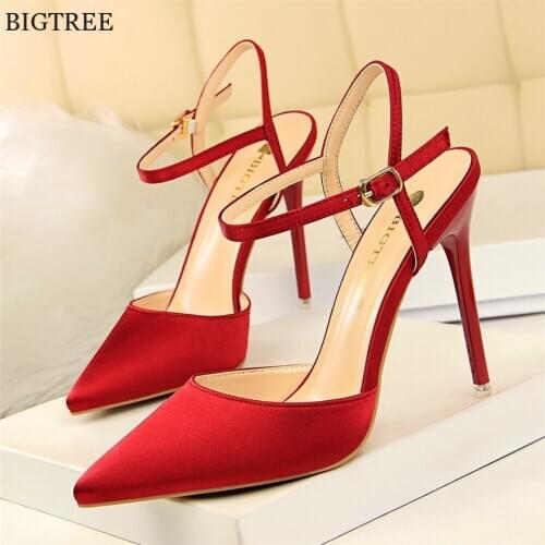Thin Heels Concise Women Sandals 2021 New Fashion Buckle Shallow Womens High Heels Shoes Solid Silk Pointed Toe Dress Sandals