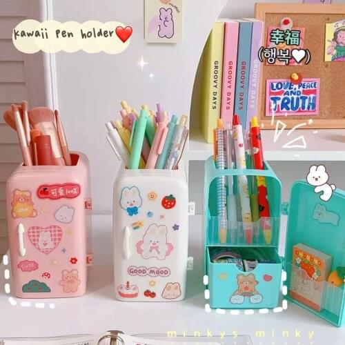 MINKYS Kawaii Refrigerator Pen Holder With 1PC DIY Sticker Desktop Makeups Pencil Pens Storage Box Creative School Stationery