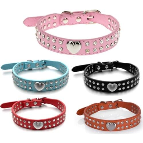 Soft Rhinestones Dog Collar PU Leather Padded Crystal Metal Heart Dog Pet Collars for Small Medium Dog Pet Chihuahua