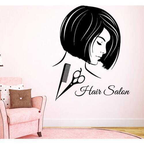 Hair Salon Sign Wall Decals Fashion Girl Hairdressing Beauty Salon Wall Decor Scissors Comb Vinyl Decal Sticker Wallpaper D607