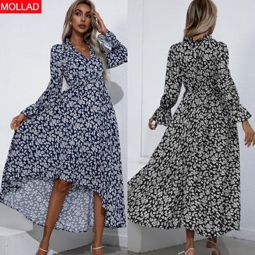 2021 Autumn New Long Sleeve Dress Elegant Waist Slimming Floral Dress