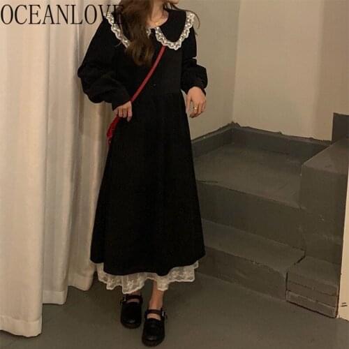 OCEANLOVE Vestidos Corduroy Lace Patchwork Japan Style Kawaii Long Dresses Vintage A-line 2021 Autumn Winter Women Dress Sweet
