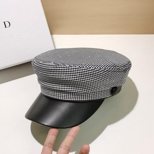 Autumn Winter Military Hats For Women England Retro Sailor Hat Houndstooth Flat Top Navy Hat Internet Celebrities Berets
