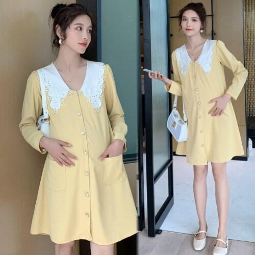 626# Maternity Dress Spring Autumn Cotton Turn Down Collar Long Sleeves Loose Stylish Dress for Pregnant Women Mom Dress