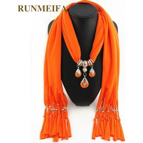 RUNMEIFA Pendants Necklaces Scarf Three Trendy Iron Alloy Pendant Resin Polyester Scarf For Women Decoration Accessories Scarf