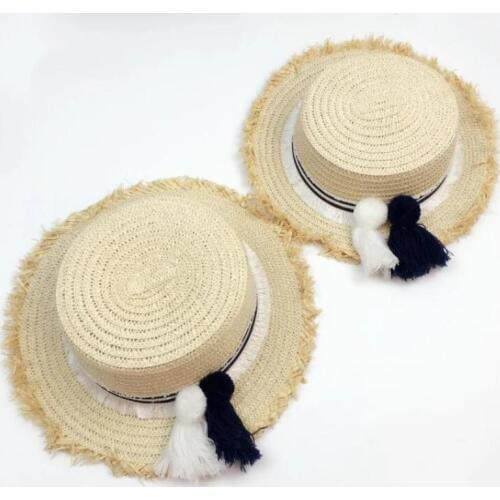 Seioum fashion Flat Top Straw Boater Hats for Summer Women Men Wide Brim Beach Sun Hats with big Tassels Unique Design Straw Hat