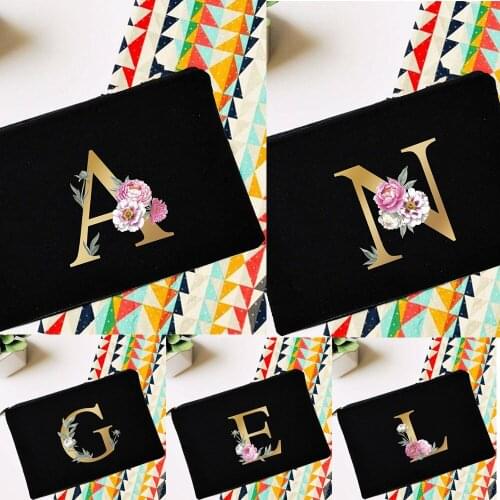 Gold Alphabet Pretty Flowers Cosmetic Bag Canvas Causal Lipstick Bag Travel Handbag Large Capacity Storage Bag Organizer