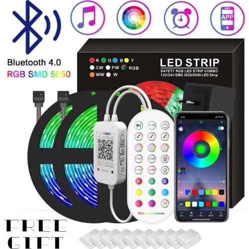 Bluetooth LED Strip RGB Lights SMD 5050 30m IP20 Neon Flexible Ribbon Diode Tape DC 12v With Controller Strips For Rooms