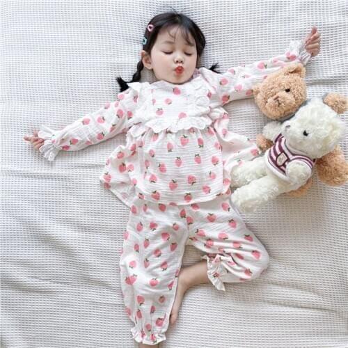 2021 Spring Girls Korean Version Full-print Strawberry Cotton Yarn Home Wear Sweet Princess Style Lace Stitching Pajamas Set