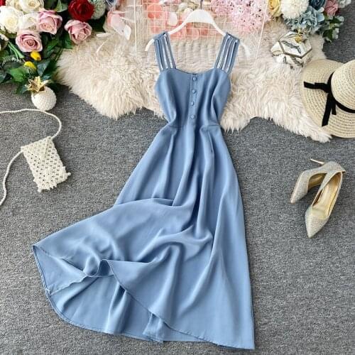 WEIHAOBNG 2021 Sexy Spaghetti Strap Midi Long Dress elegant Summer Party Casual High Waist Women A-Line Beach Holiday Dresses