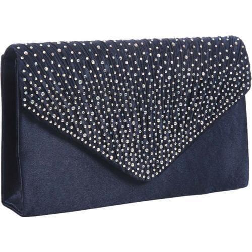 Womens Silk face Diamond Clutches Shoulder Bag Evening Bridal Prom Satchel Chain Handbag(Navy blue)