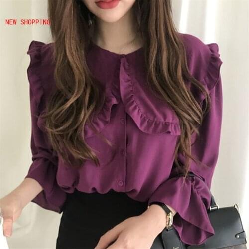 Women Blouses 2020 Autumn Fashion Casual Peter Pan Collar Solid Shirt Long Sleeve Women Ruffles Tops Shirts Blusas Mujer Purple