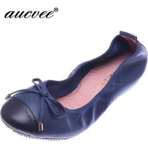 Women Fashion Bowtie Ballet Folding Shoes Cow Leather Soft Sole Flats Dancing Egg Rolls Shoes Peas Slip-On Loafers Big Size 43