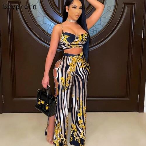 Beyprern Beautiful Cut Out Palazzo Pants Set Two-Piece Suits Womens Straps Crop Top And Wide Leg Pant Set Sexy Outfits Club Wear