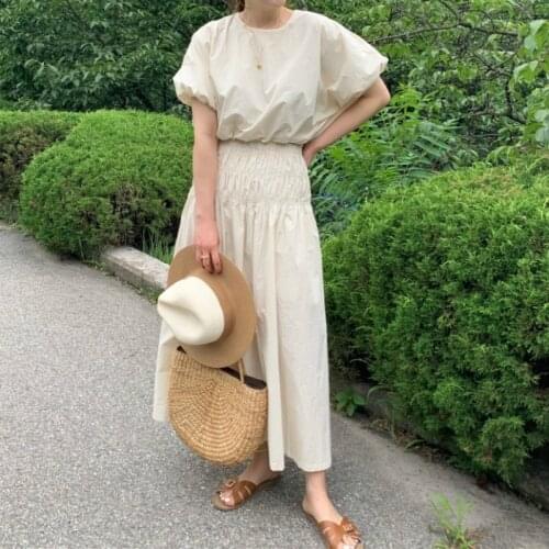 2021 New Women Summer Vintage 2 Two Pieces Skirt Set Puff Sleeve Crop Top with Elastic High Waist Long Skirts