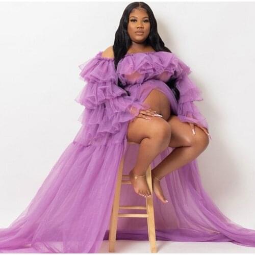Front Split Sexy Purple Women Puffy Sleeve Tulle Dresses Tiered Sleeve Off Shoulder Birthday Mateinity Dress For Photo Shoot