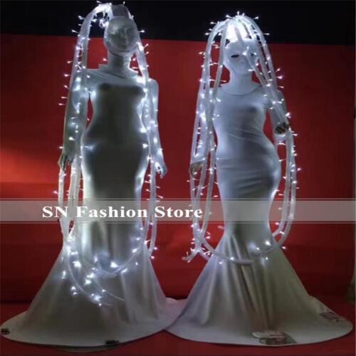 BC27 White light hairs led costumes ballroom dance dj singer stage wears show dress club party christmas models cloth luminous