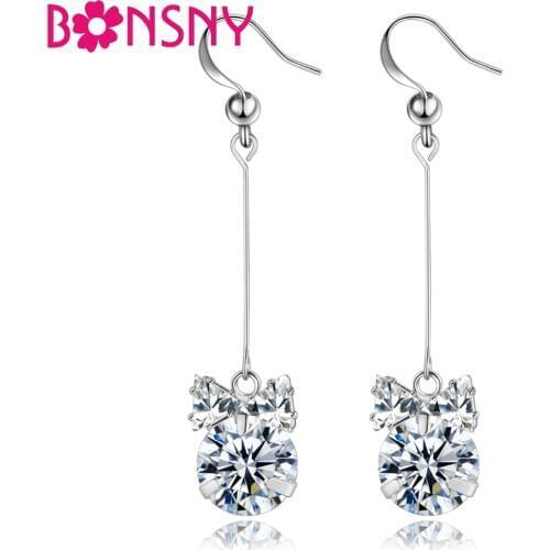 Bonsny Silverstone Bowknot Round Cubic Zircon Earrings Dangle Drop Zirconia Charms For Women Girl Teens Wedding Fashion Jewelry