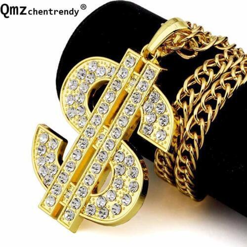 Fashion women Mens Rock Hip hop Mens Rapper Full Crystal US Pendants Rock Crystal USD Dollar Pendants Chain Necklaces