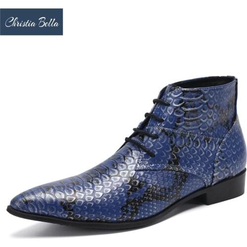 Christia Bella Winter Snake Pattern Real Leather Men Ankle Boots Pointed Toe Lace Up Short Boots Male Party Formal Dress Shoes