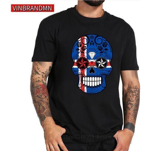 Icelandic Flag Sugar Skull With Roses T-Shirts Men Vintage Iceland Skeleton Fashion Tshirt 2020 New Streetwear Hiphop Tee Shirts