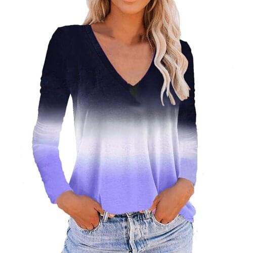 Gradient Women T Shirt Losse Style V Neck Basic Tee Ladies Casual Tops