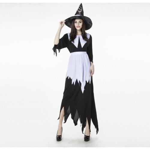Halloween Sexy Black With White Witch Plus Size Fancy Dress Costume For Women With Hat
