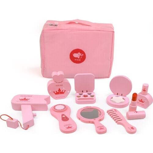 Childrens Wooden Beauty Toys Makeup Salon Toys Simulation Play House Dresser Girl Princess Cosmetics Bag Set Gift Hot Sale