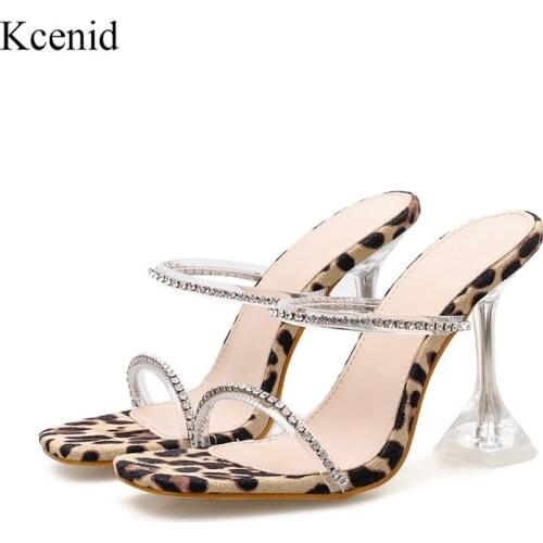 Kcenid Summer clear perspex heel sexy nightclub leopard print slippers with rhinestone woman trasnparent PVC crystal shoes new