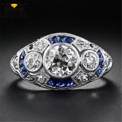925 anillos Silver Retro Court Full Cubic Zirconia Ring For Women Ladies Elegant Blue Crystal Rings Banquet Sapphire Jewelry
