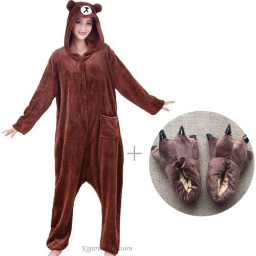 Bear Onesie Women Men Kigurumis Unicorn Animal Pajama Cartoon Slippers Festival Homewear Winter Warm Suit Zipper Button Overalls