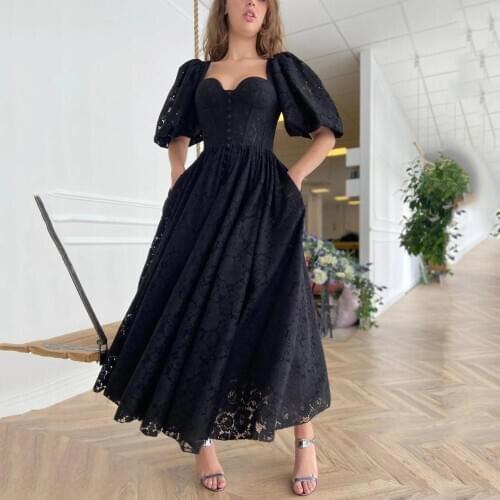 Thinyfull Flowery Lace Prom Dresses Bustier Corset Black Tea Length Princess Evening Dresses Puffy Sleeve Vestidos De Noche 2021