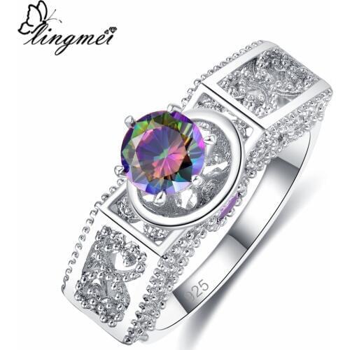Lingmei Engagement Wedding Band Round Zircon Fashion Jewelry Silver Color Ring Size 6 7 8 9 Dazzling Anniversary Party Rings