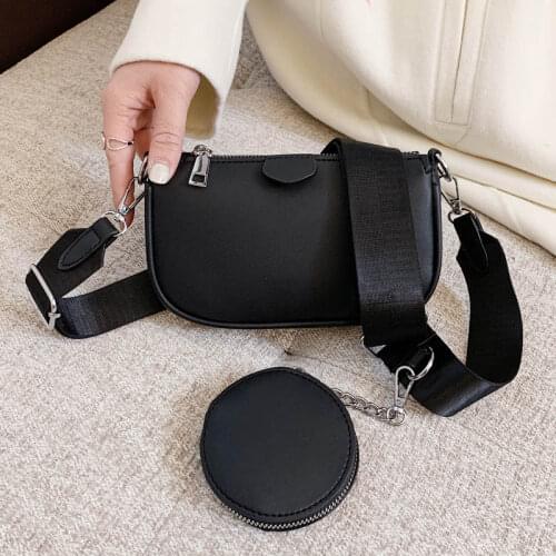 Fashion Black Shoulder Bags 2021 New Women Clutches Designer Leather Wide Shoulder Strap 2-IN-1 Messenger Bag Female Handbag