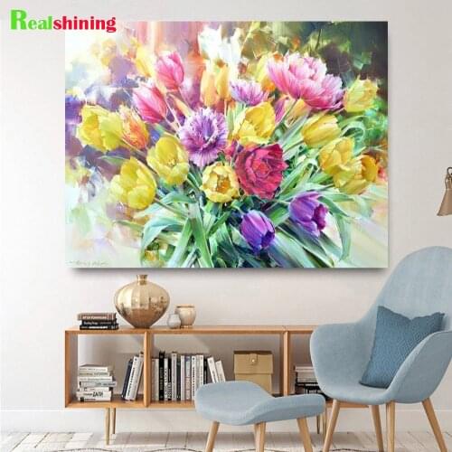 Flowers Landscape with tulip Sea Full square round Diamond Painting cross stitch kits mosaic diamond embroidery decor,N1928