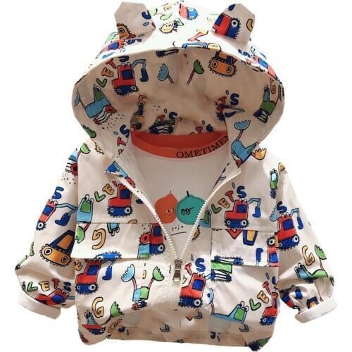 2020 New Children Coats Boys Spring Autumn Cartoon Engineering Vehicle Print Windbreaker Kids Hooded Tops Girls Jacket 1-6 Years