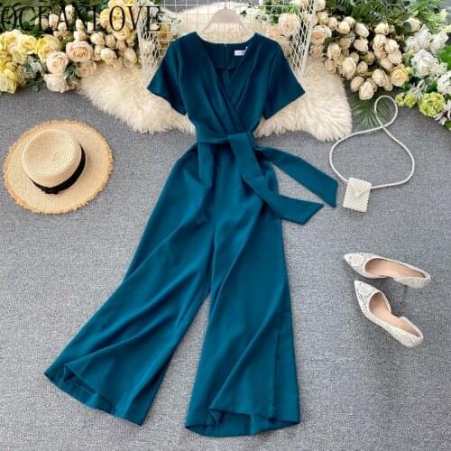 OCEANLOVE Jumpsuits Women Solid Bandage V Neck Elegant Summer Vintage Korean Monos Mujer Wide Leg Bodysuit High Waist Bow