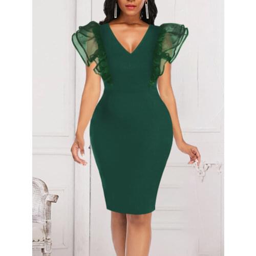 Elegant Women Summer Dresses Slim Fit Bodycon V Neck Voile Patchwork Classy Fashion Knee Dress Plus Size Party Office Outfits
