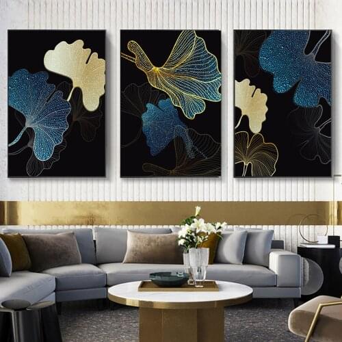 Luxury Tropical Leaves Poster Gold Dark Blue Green Wall Art Print Canvas Painting Modern Art Mural Picture Living Room Decor
