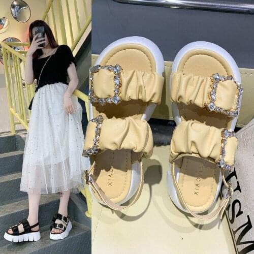 Rhinestone Muffin Sandals for Women 2021 Summer New Korean Style Pleated Platform Height Increasing Casual Roman Shoes