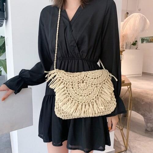 New Handmade Hand-woven Bag Holiday Beach Girl Bag Woven Bag Straw Woven Handbag Large Capacity Ethnic Style Contrast Color