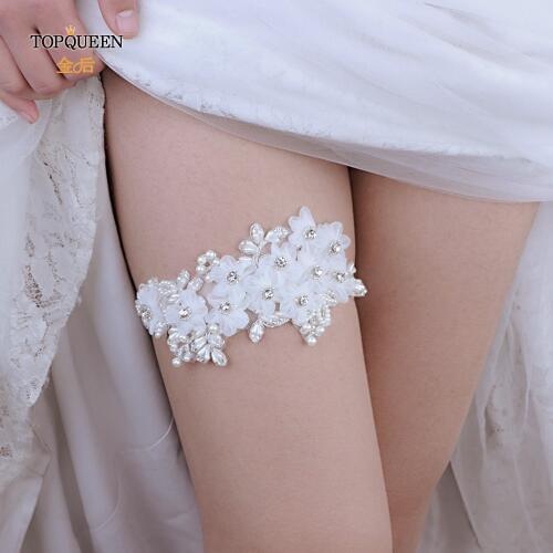 TOPQUEEN Wedding Elastic Garter White Flower Pearl Sexy Garters Women/Female/Bride Thigh Ring Bridal Lace Leg Ring Loop THS355